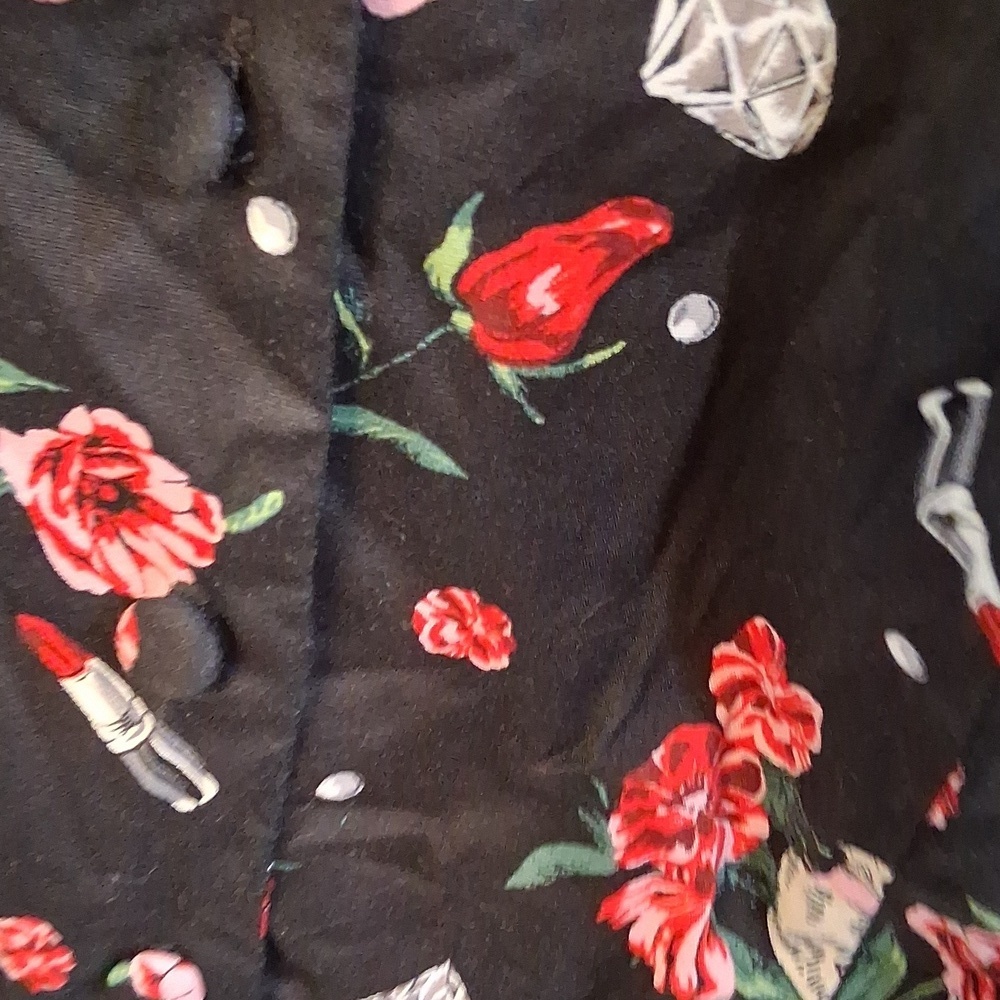 torrid Black Floral & Card Print Shirt Dress with Red Belt - Picture 6 of 9